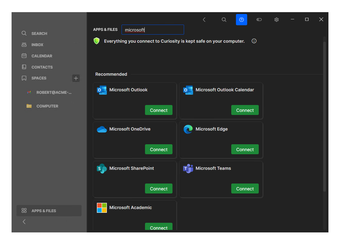 Curiosity connect apps interface