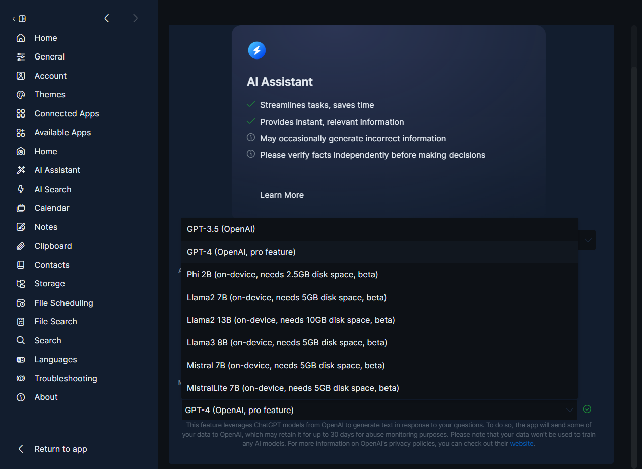 How to change the LLM for the AI Assistant