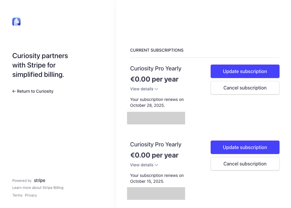 Stripe page: Manage Subscription