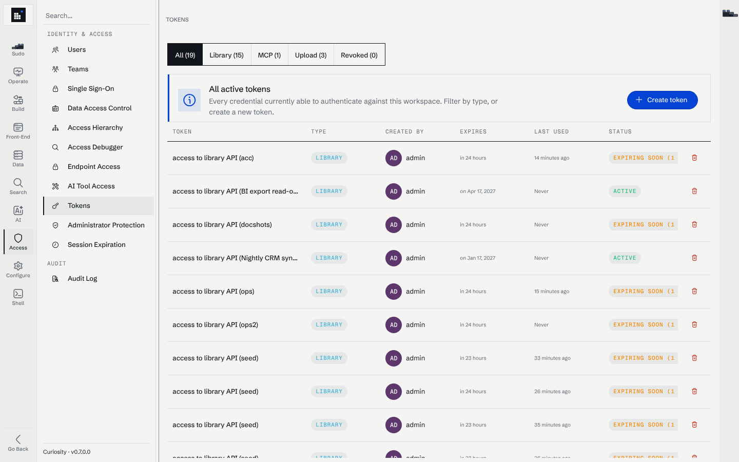 The Tokens page listing active tokens with their purpose, type, creator, expiry, last use and status.