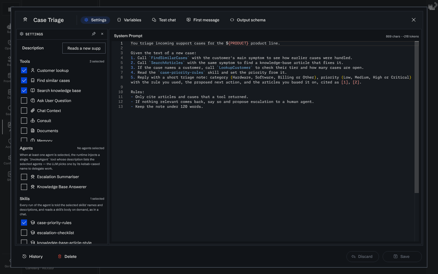 The Case Triage agent dialog with three tools and one skill selected, and the system prompt in the editor