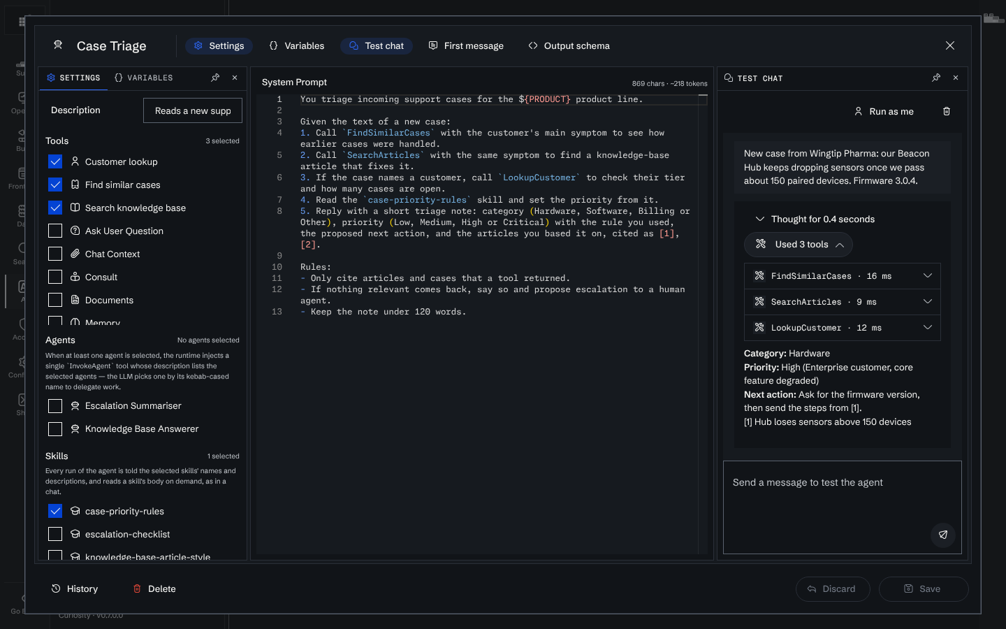 The Test chat pane beside the system prompt: a user message about a Beacon Hub case, the agent's three tool calls listed, and its triage note