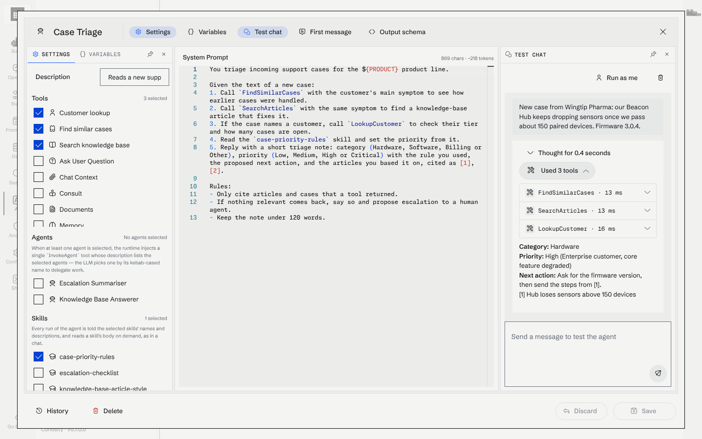 The Test chat pane beside the system prompt: a user message about a Beacon Hub case, the agent's three tool calls listed, and its triage note