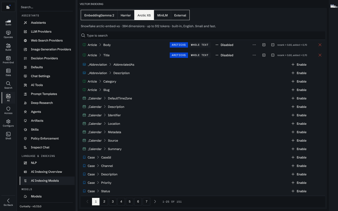 The AI Indexing Models page on the Arctic XS tab, with Article Body and Article Title indexed as whole text and the remaining fields offering an Enable button