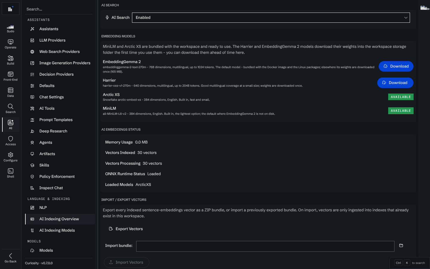 The AI Indexing Overview page: the embedding models with their download or available state, and the AI embeddings status showing 30 vectors indexed and ArcticXS loaded