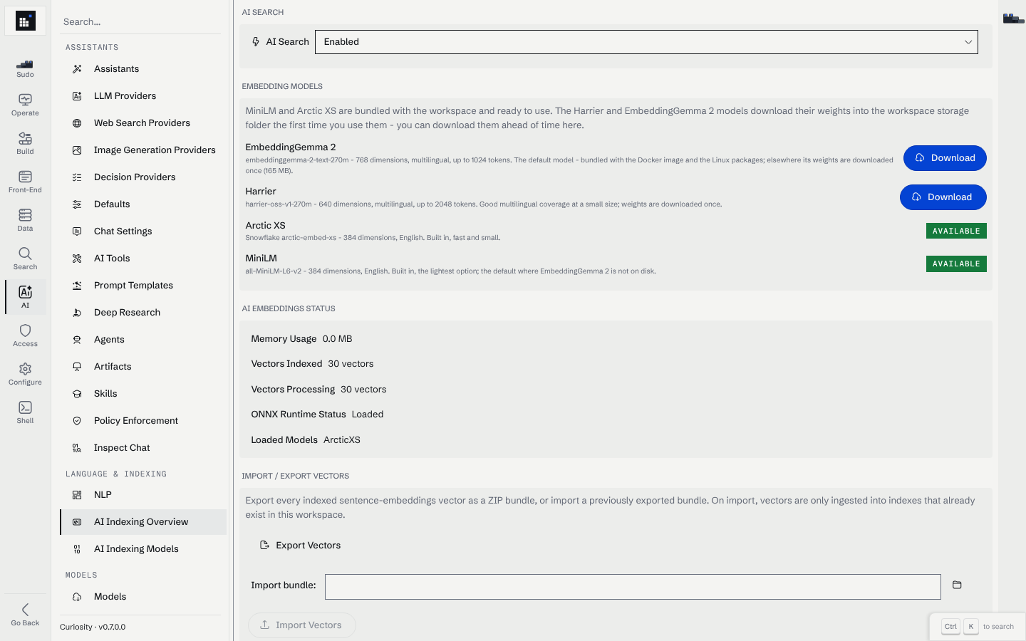 The AI Indexing Overview page: the embedding models with their download or available state, and the AI embeddings status showing 30 vectors indexed and ArcticXS loaded