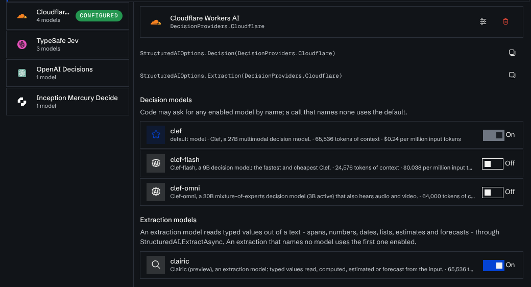The Cloudflare Workers AI provider set up, with clef as the default decision model and clairic enabled under Extraction models