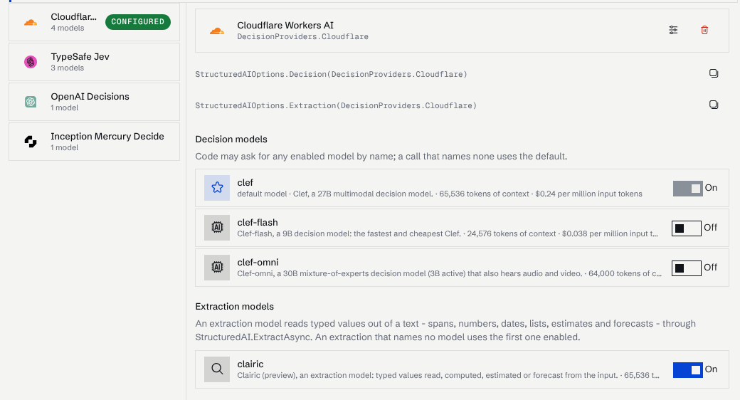 The Cloudflare Workers AI provider set up, with clef as the default decision model and clairic enabled under Extraction models