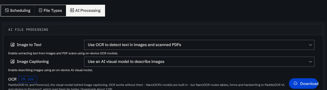 The AI Processing tab of File Indexing with the Image to Text and Image Captioning dropdowns and the OCR model row marked In use