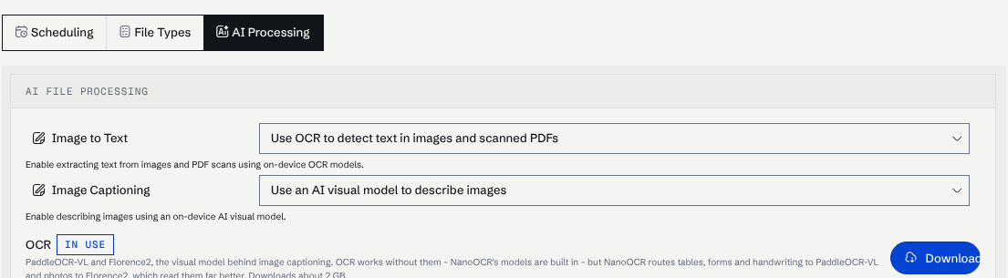 The AI Processing tab of File Indexing with the Image to Text and Image Captioning dropdowns and the OCR model row marked In use