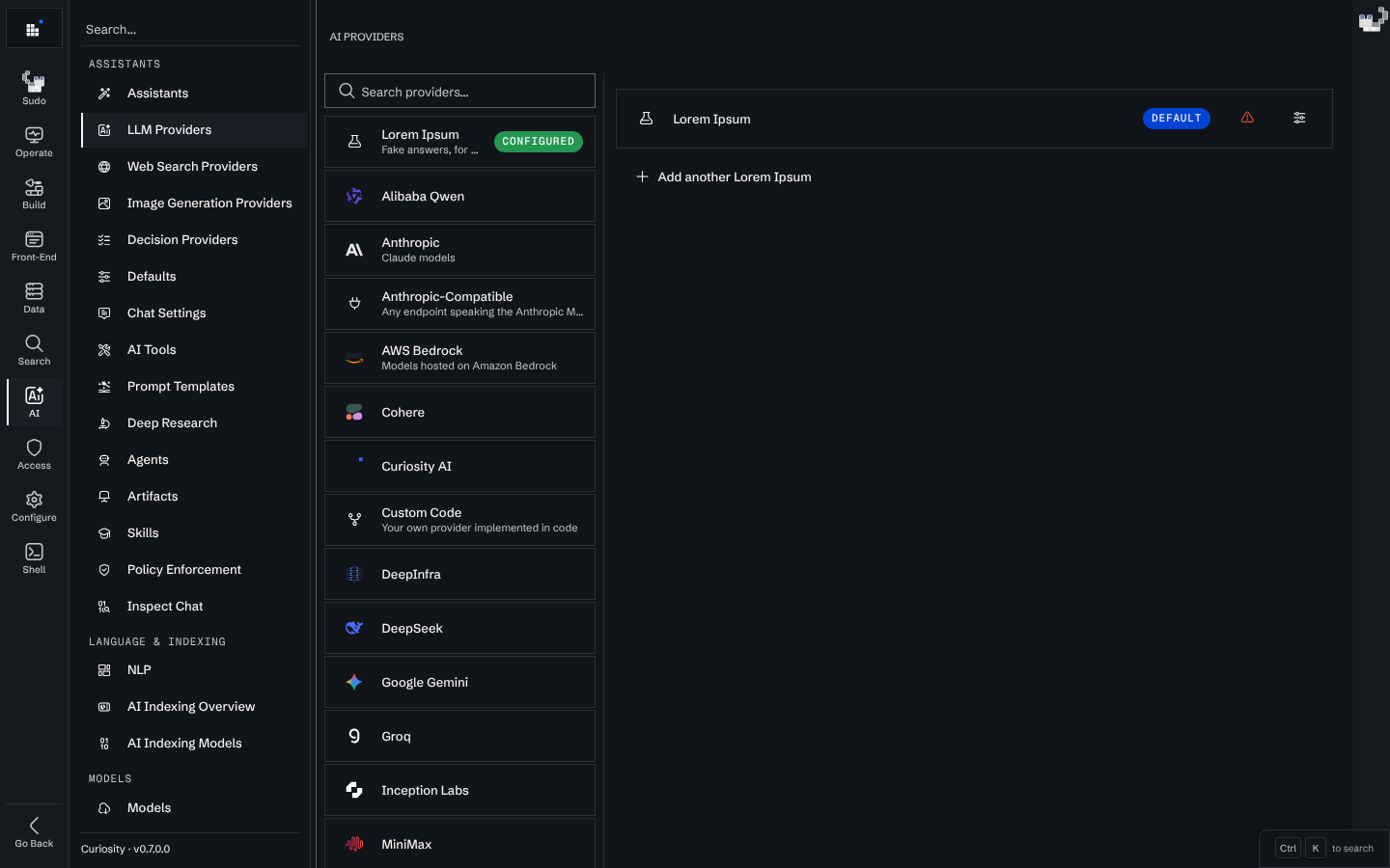 The LLM Providers page: the list of providers on the left, with Lorem Ipsum configured and set as the default, and the configured provider's entry on the right