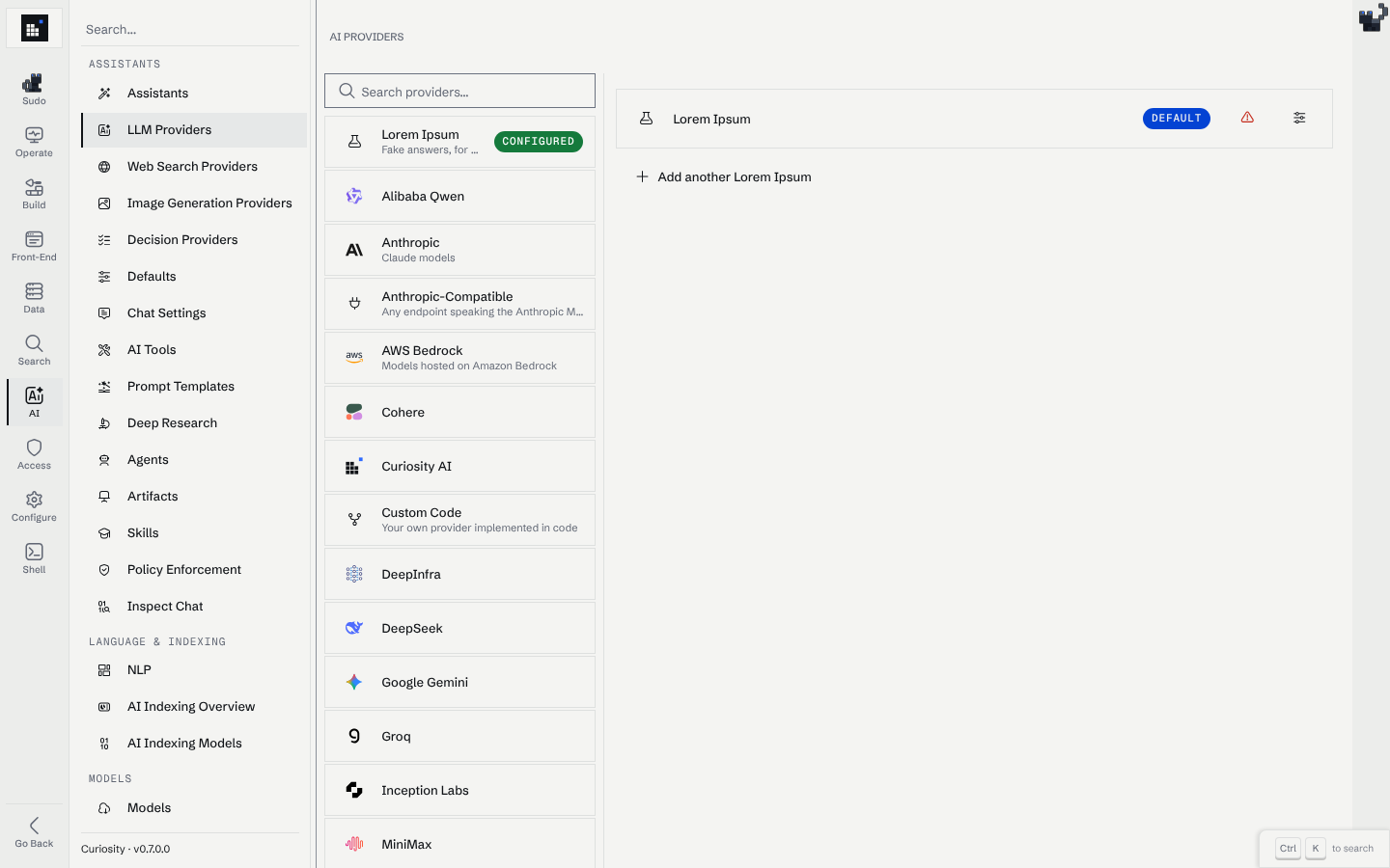 The LLM Providers page: the list of providers on the left, with Lorem Ipsum configured and set as the default, and the configured provider's entry on the right