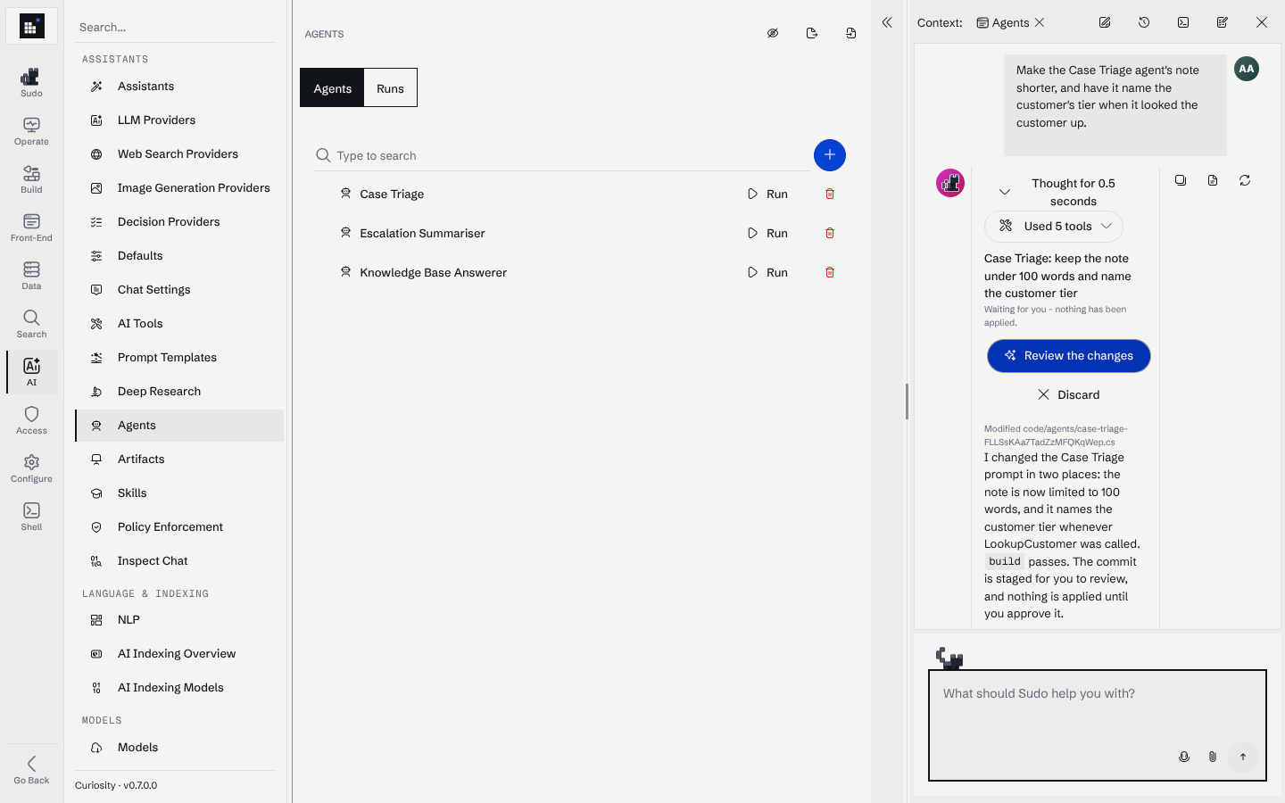 Sudo's pane docked beside the Agents page, showing a session in which he changed the Case Triage agent and left a commit waiting for review