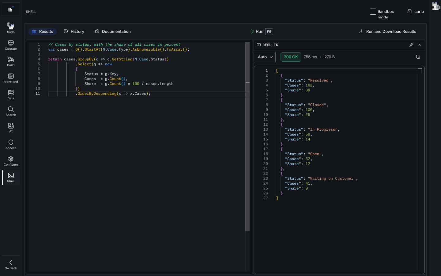 The Admin Shell with a script that counts cases by status and the JSON result beside it
