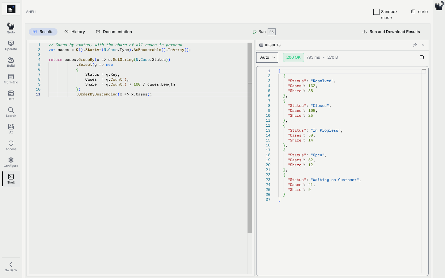 The Admin Shell with a script that counts cases by status and the JSON result beside it