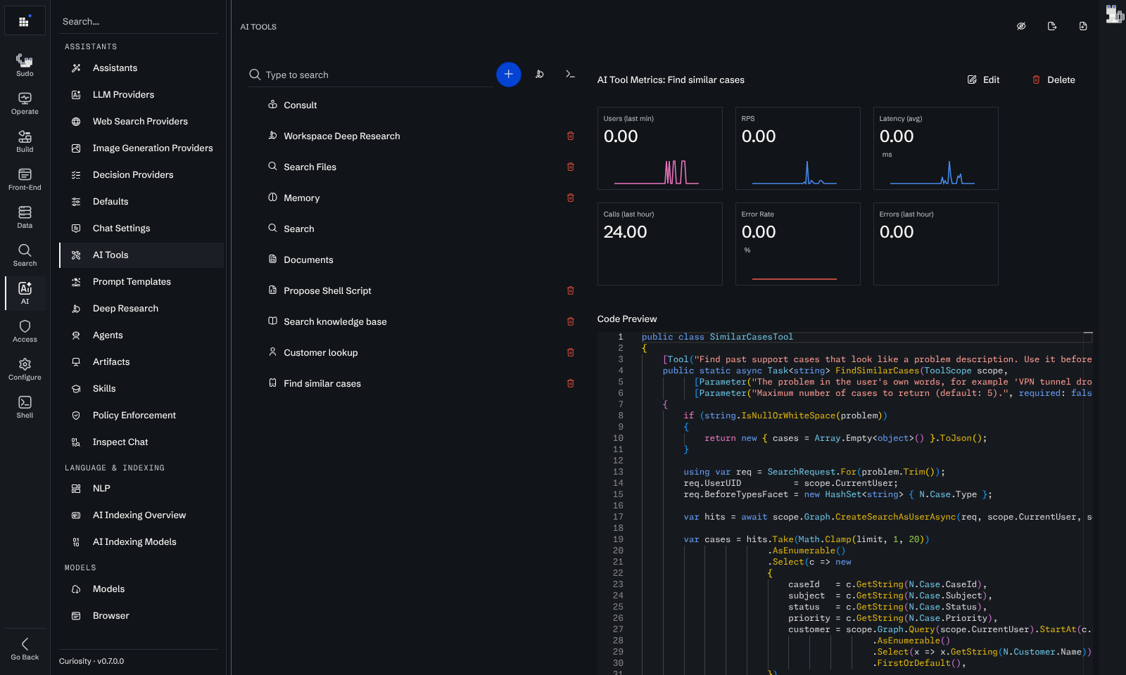 The AI Tools page listing built-in and custom tools, with the metrics and code preview of the Find similar cases tool