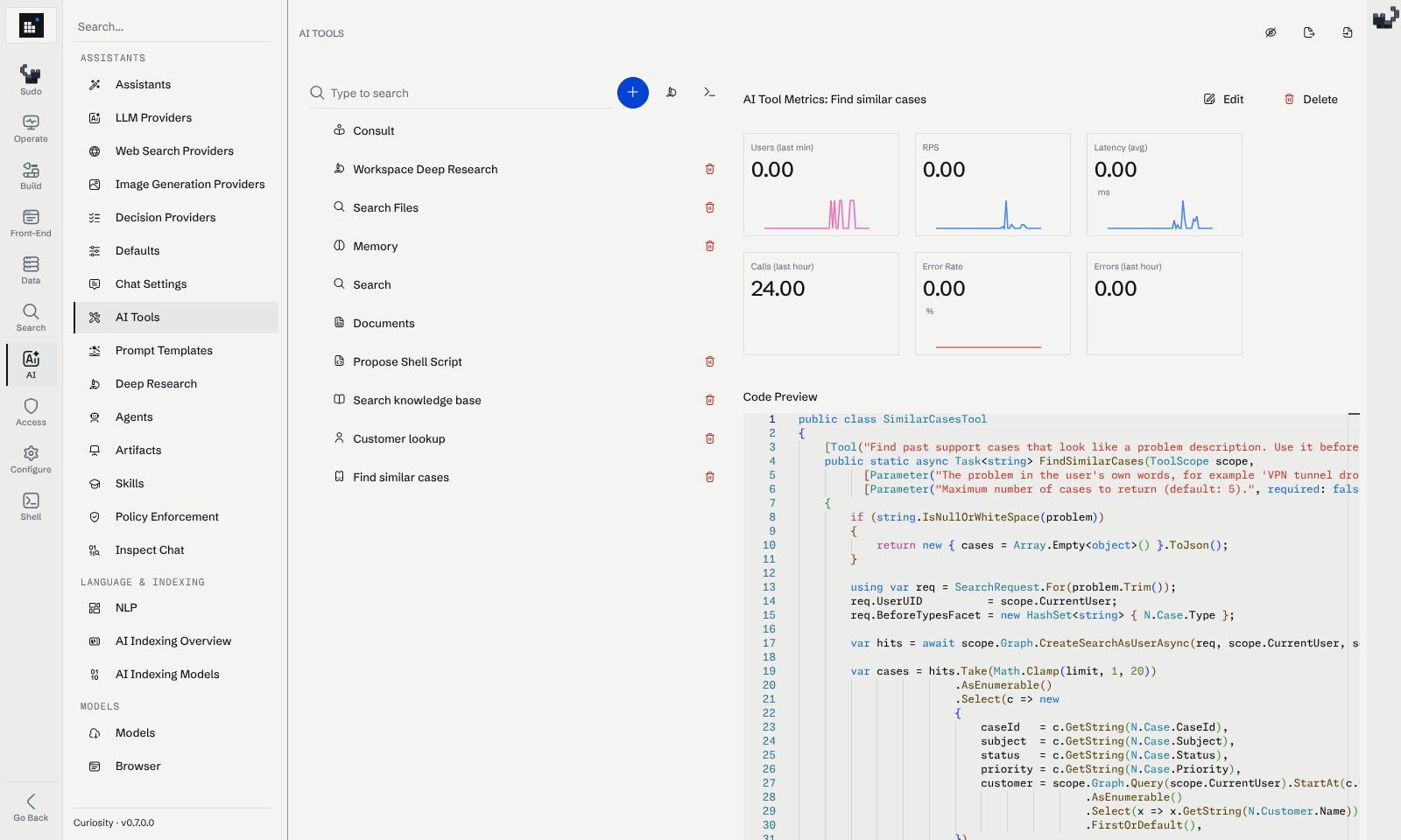 The AI Tools page listing built-in and custom tools, with the metrics and code preview of the Find similar cases tool