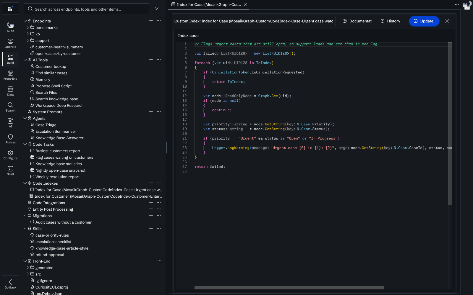 The Build page with the Code Indexes tree and the editor of the Urgent case watch index on the Case node type