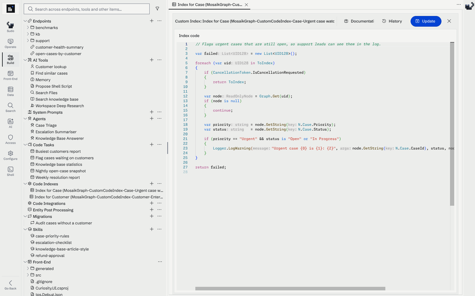 The Build page with the Code Indexes tree and the editor of the Urgent case watch index on the Case node type