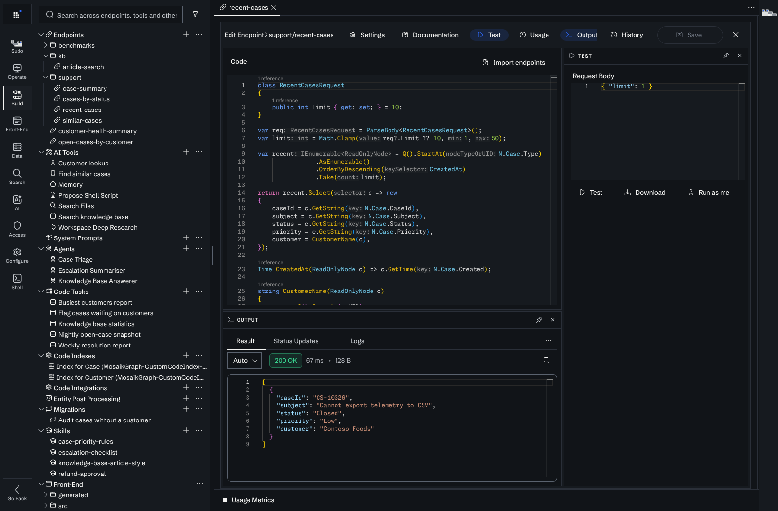 The endpoint editor with the recent-cases code, the Test panel and the JSON output