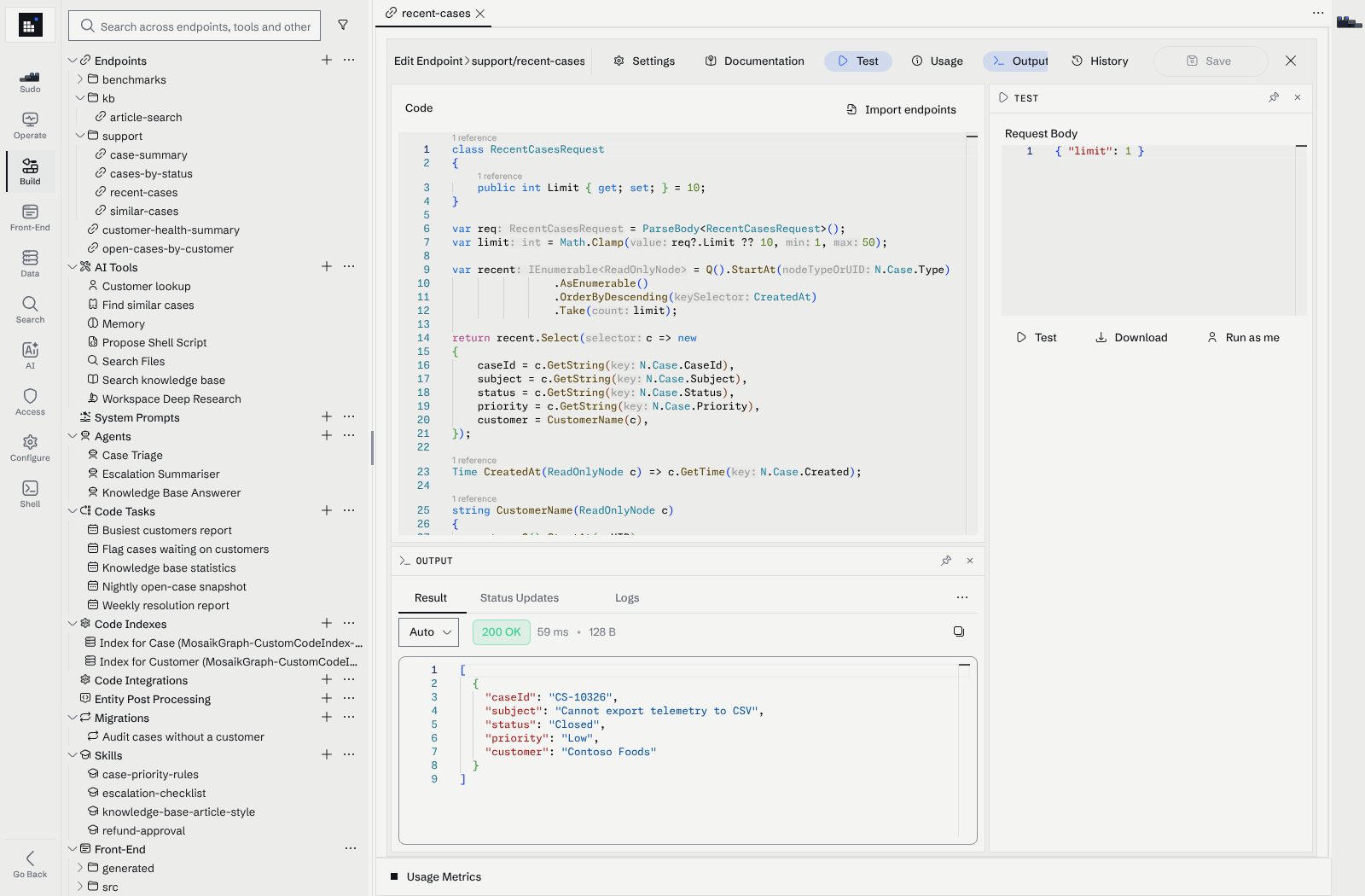 The endpoint editor with the recent-cases code, the Test panel and the JSON output