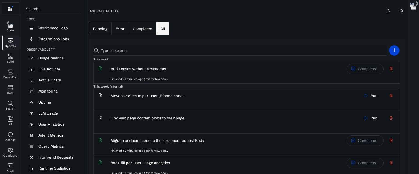 The Migrations page showing a completed workspace migration above the pending and completed internal ones