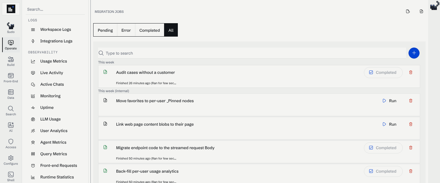 The Migrations page showing a completed workspace migration above the pending and completed internal ones
