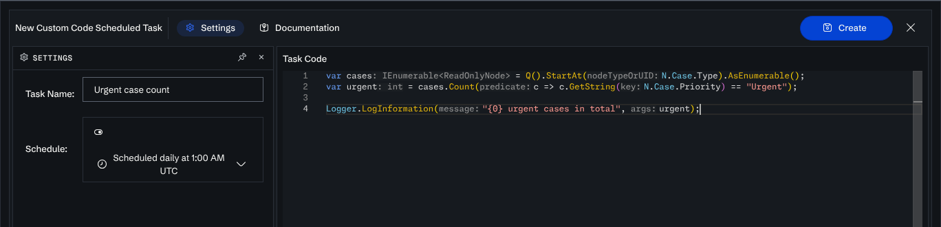 The new Custom Code Scheduled Task dialog with a name, a schedule and the task code