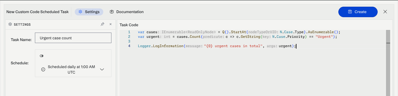The new Custom Code Scheduled Task dialog with a name, a schedule and the task code