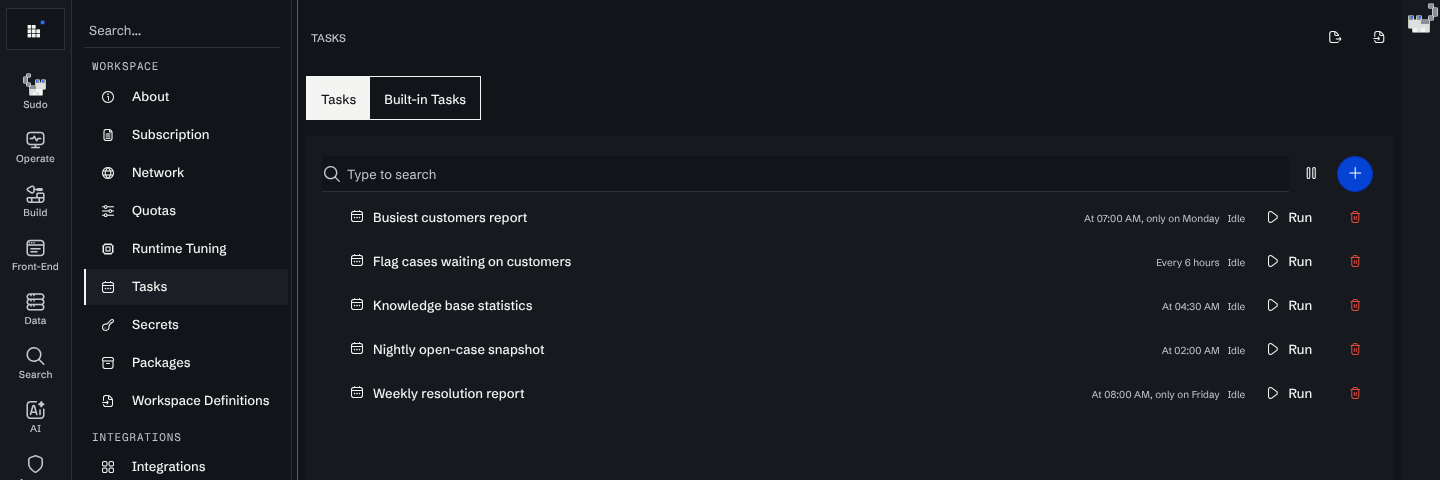 The Tasks page listing five code tasks with their schedules and Idle status
