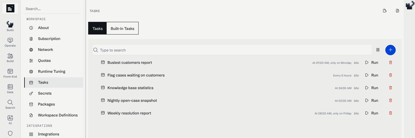 The Tasks page listing five code tasks with their schedules and Idle status