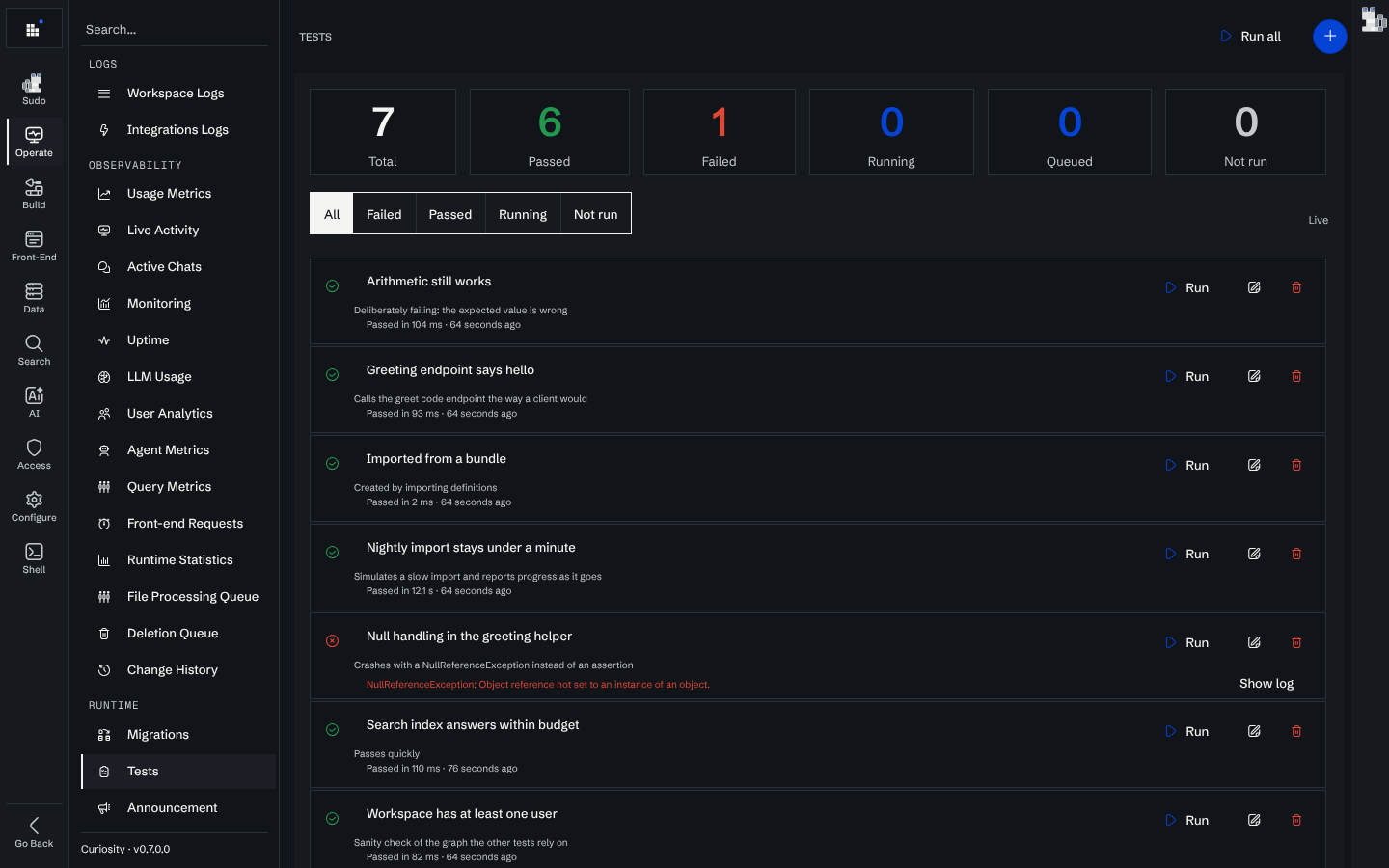 The Tests page with seven tests, six passed and one failed