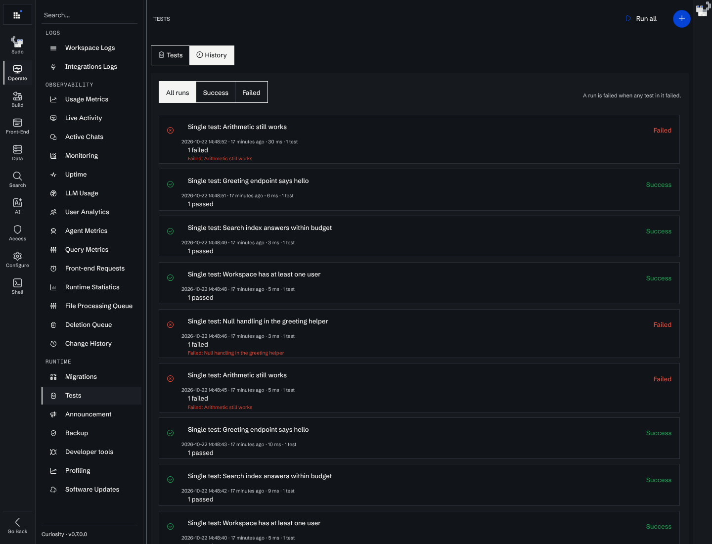 The History tab, listing past runs with their counts