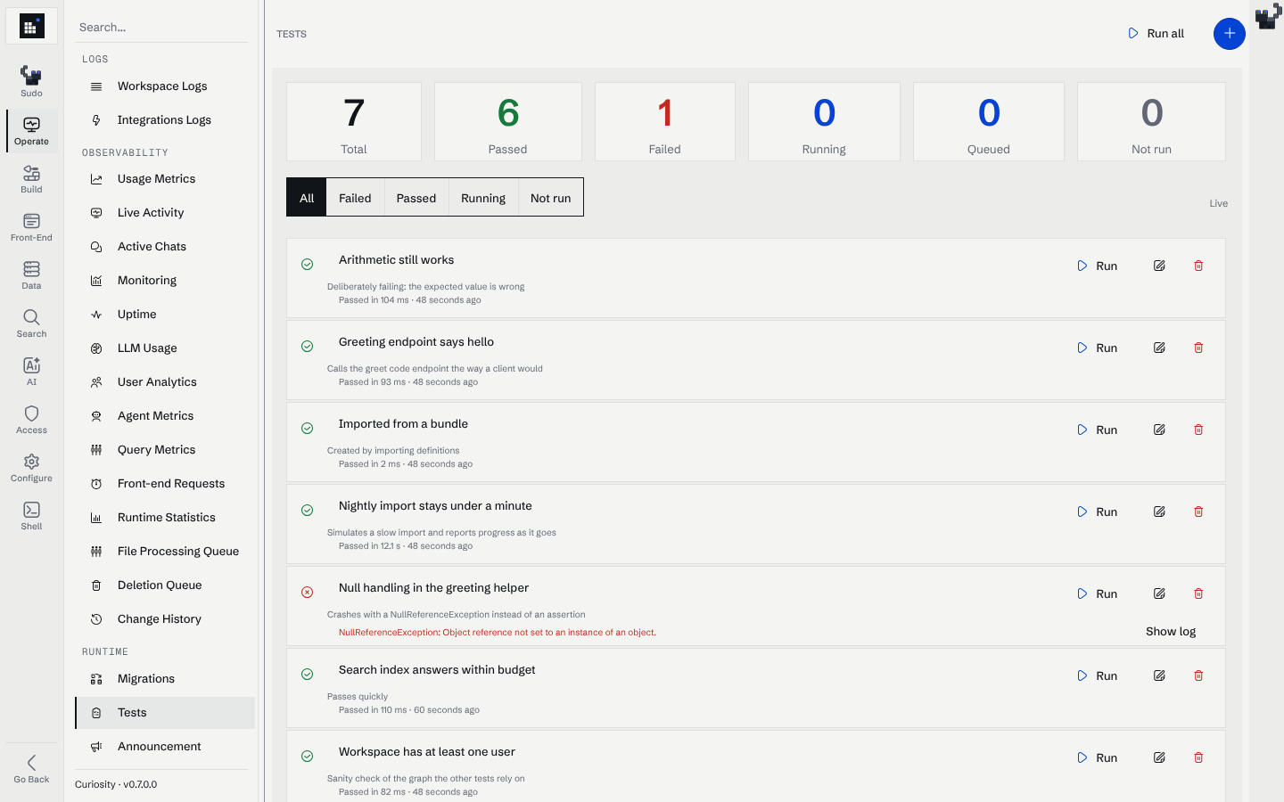 The Tests page with seven tests, six passed and one failed
