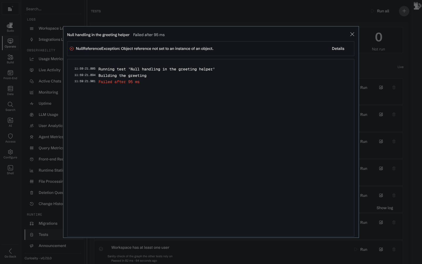 The log of a failed test, with the NullReferenceException above it