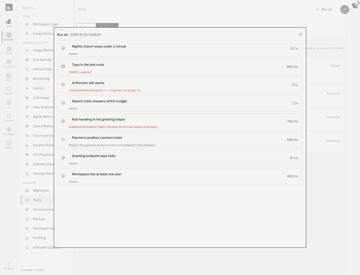 The report of a run, with a passed, a failed, a skipped and a test that did not compile