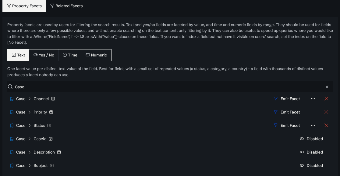 The Property Facets page, Text segment, filtered to Case: Channel, Priority and Status show Emit Facet; CaseId, Description and Subject are Disabled.