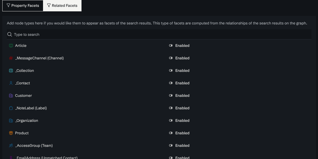 The Related Facets page listing the node types enabled as facets, including Article, Customer and Product.