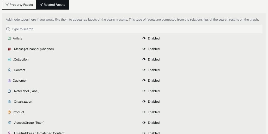 The Related Facets page listing the node types enabled as facets, including Article, Customer and Product.