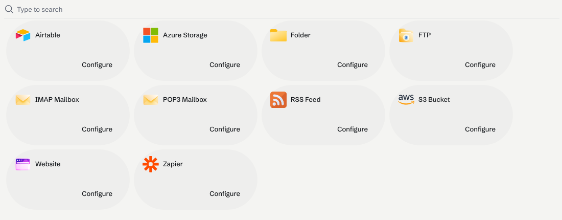 The Integrations page under Configure, listing the available integrations, each with a Configure button.