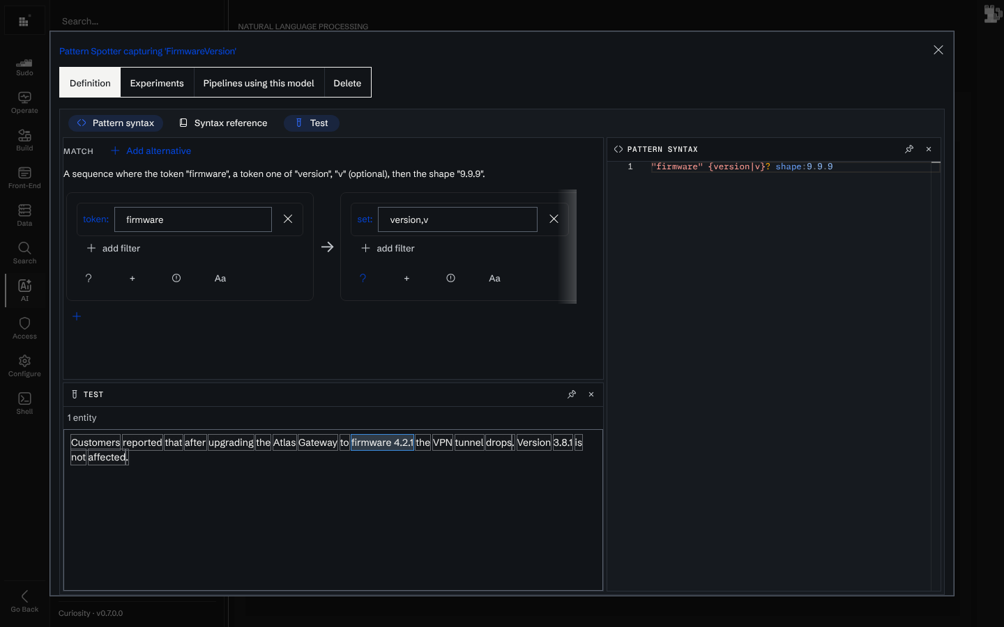 The pattern spotter editor for FirmwareVersion: the pattern as form and as text, and the Test pane with "firmware 4.2.1" highlighted as one entity.