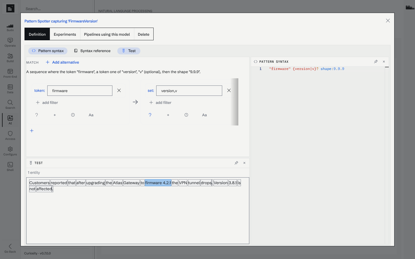The pattern spotter editor for FirmwareVersion: the pattern as form and as text, and the Test pane with "firmware 4.2.1" highlighted as one entity.