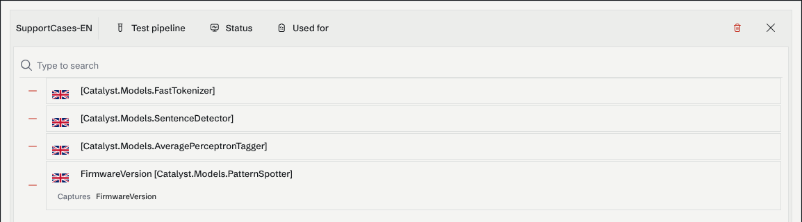 A pipeline named SupportCases-EN listing the models FastTokenizer, SentenceDetector, AveragePerceptronTagger and the FirmwareVersion pattern spotter.