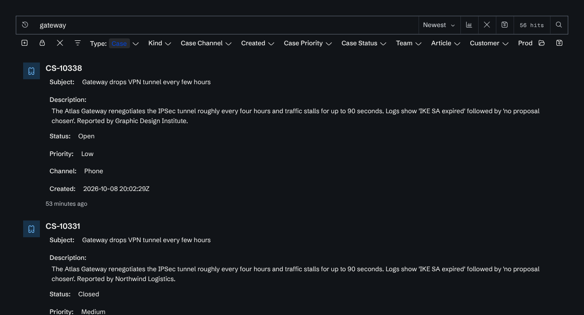 Search results filtered to the Case type and sorted by Newest, listing support cases most recently ingested first.