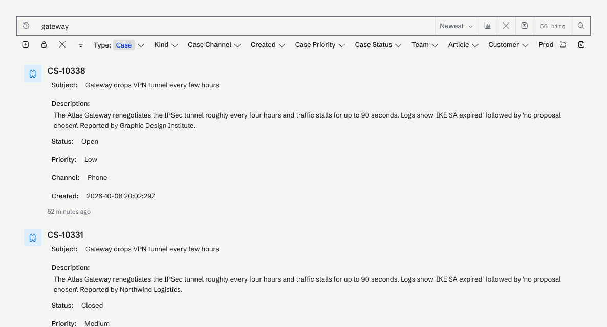 Search results filtered to the Case type and sorted by Newest, listing support cases most recently ingested first.