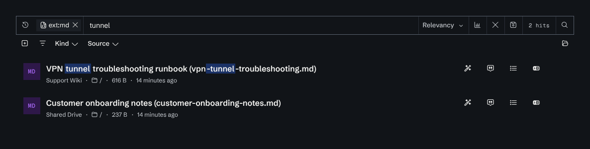 The search results page for "tunnel" with the ext:md chip applied: two hits, both Markdown files.