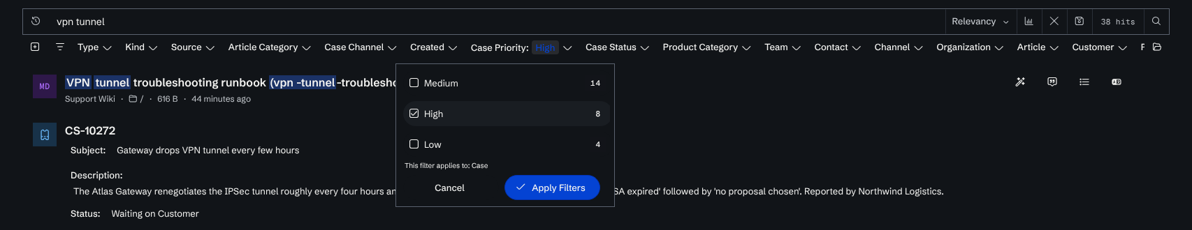 The Case Priority facet drop-down with High ticked, showing the value counts for Medium, High and Low and the Apply Filters button.
