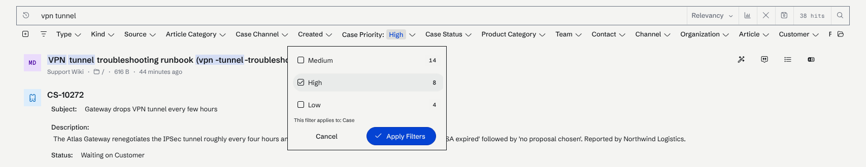 The Case Priority facet drop-down with High ticked, showing the value counts for Medium, High and Low and the Apply Filters button.