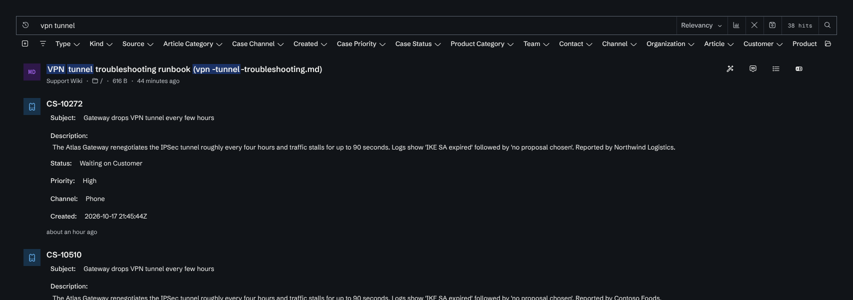Search results for "vpn tunnel" with the matched terms highlighted in the title of the file result.