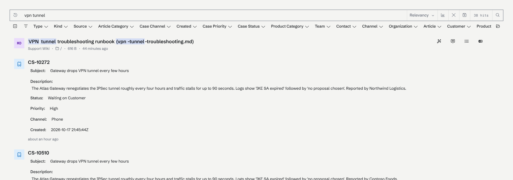 Search results for "vpn tunnel" with the matched terms highlighted in the title of the file result.